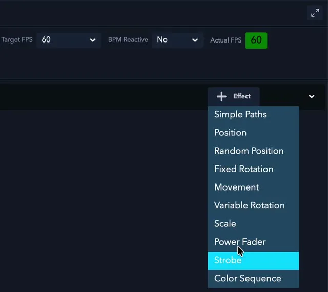 The + Effect list in Beam Creator, from the manual: Simple Paths, Position, Random Position, Fixed Rotation, Movement, Variable Rotation, Scale, Power Fader, Strobe and Color Sequence.