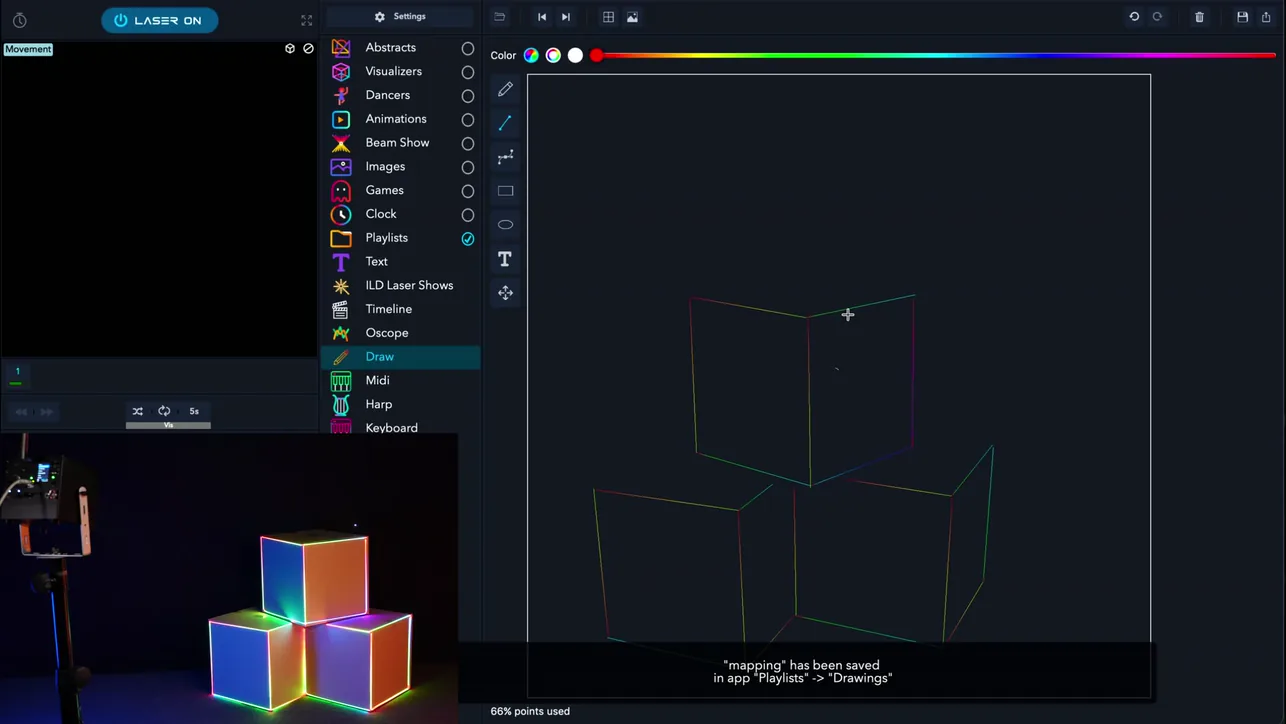 LaserOS Draw on a computer, from the manual: the outline of three stacked boxes drawn on the canvas with the straight-line tool, 66% points used, and a message that the drawing has been saved in Playlists, Drawings. The camera view at the bottom left shows the same coloured lines on the edges of the real boxes.